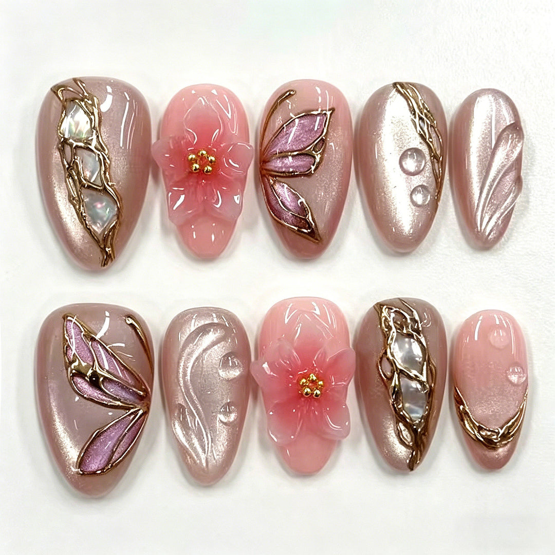 Artistic Floral Press-On Nail Art Set with Elegant Gem Accents Kalsten
