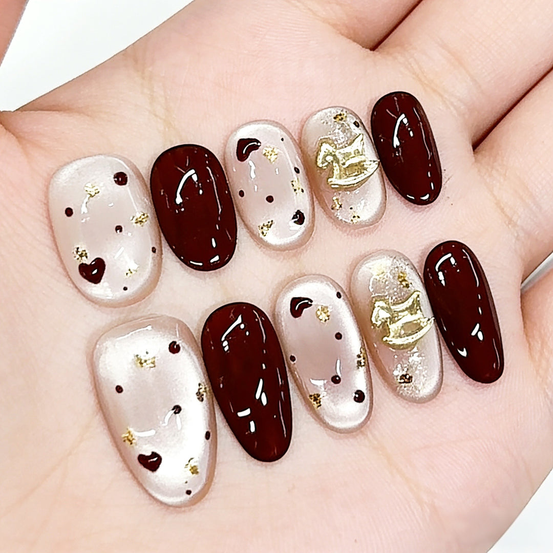 Decorative Press-On Nail Set with Heart and Gold Accents Kalsten