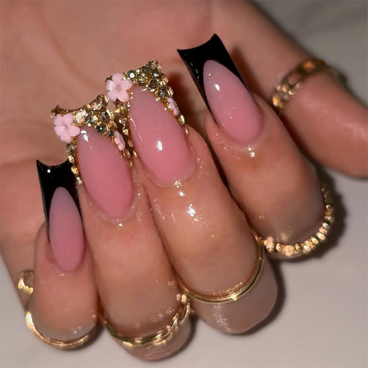 Elegant Press-On Nail Set with Rhinestone and Glossy Accents Kalsten