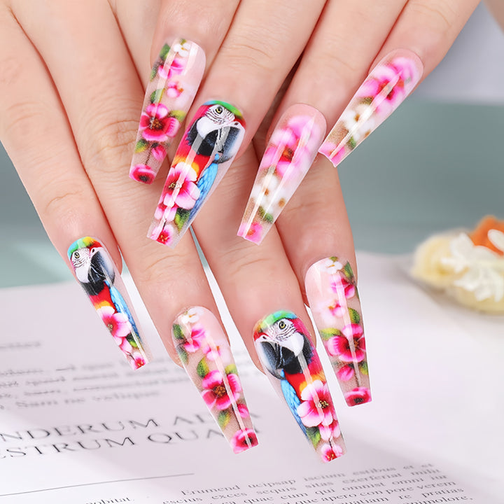 Exquisite Artificial Nails with Colorful Flower and Parrot Design Kalsten