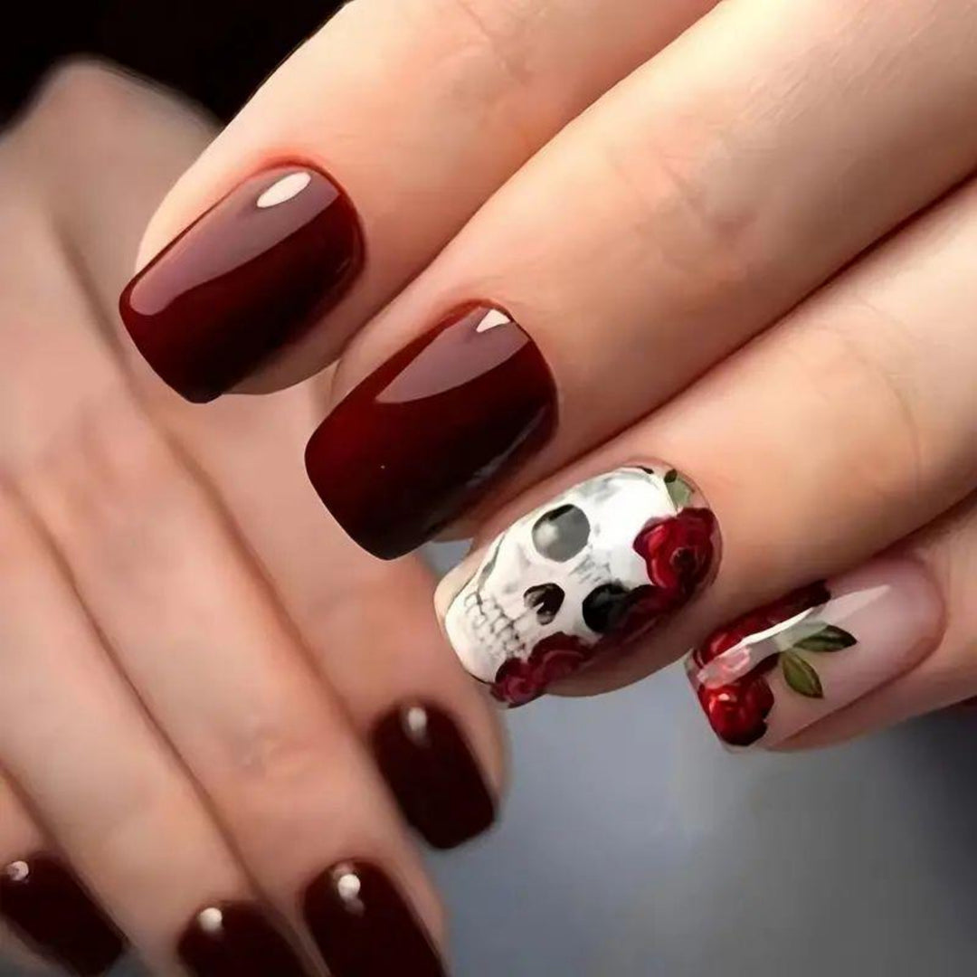 Artistic Skull and Rose Nail Art Kalsten