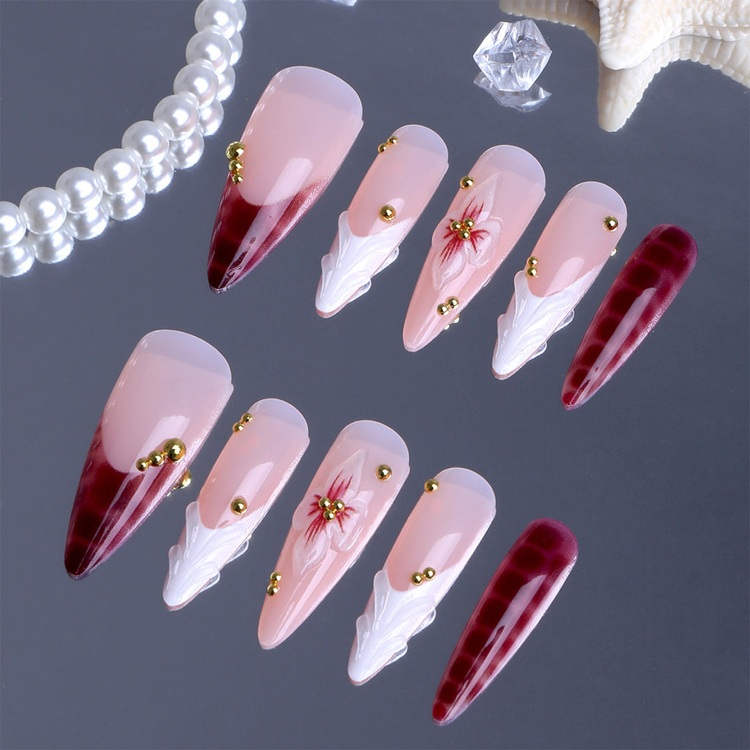 Artificial Nails in Elegant Modern Stiletto Style with Floral Design and Golden Accents Kalsten