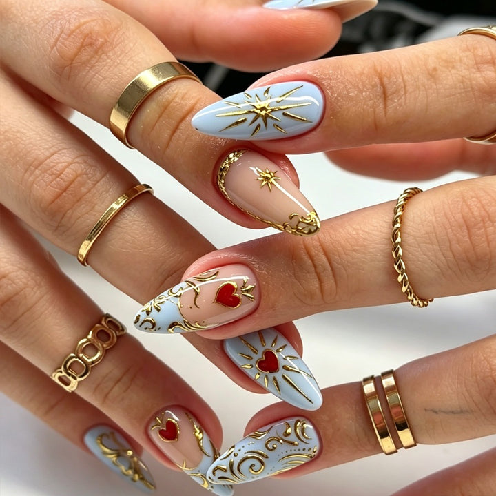 Artificial nail set with filigree golden accents and romantic heart motifs Kalsten