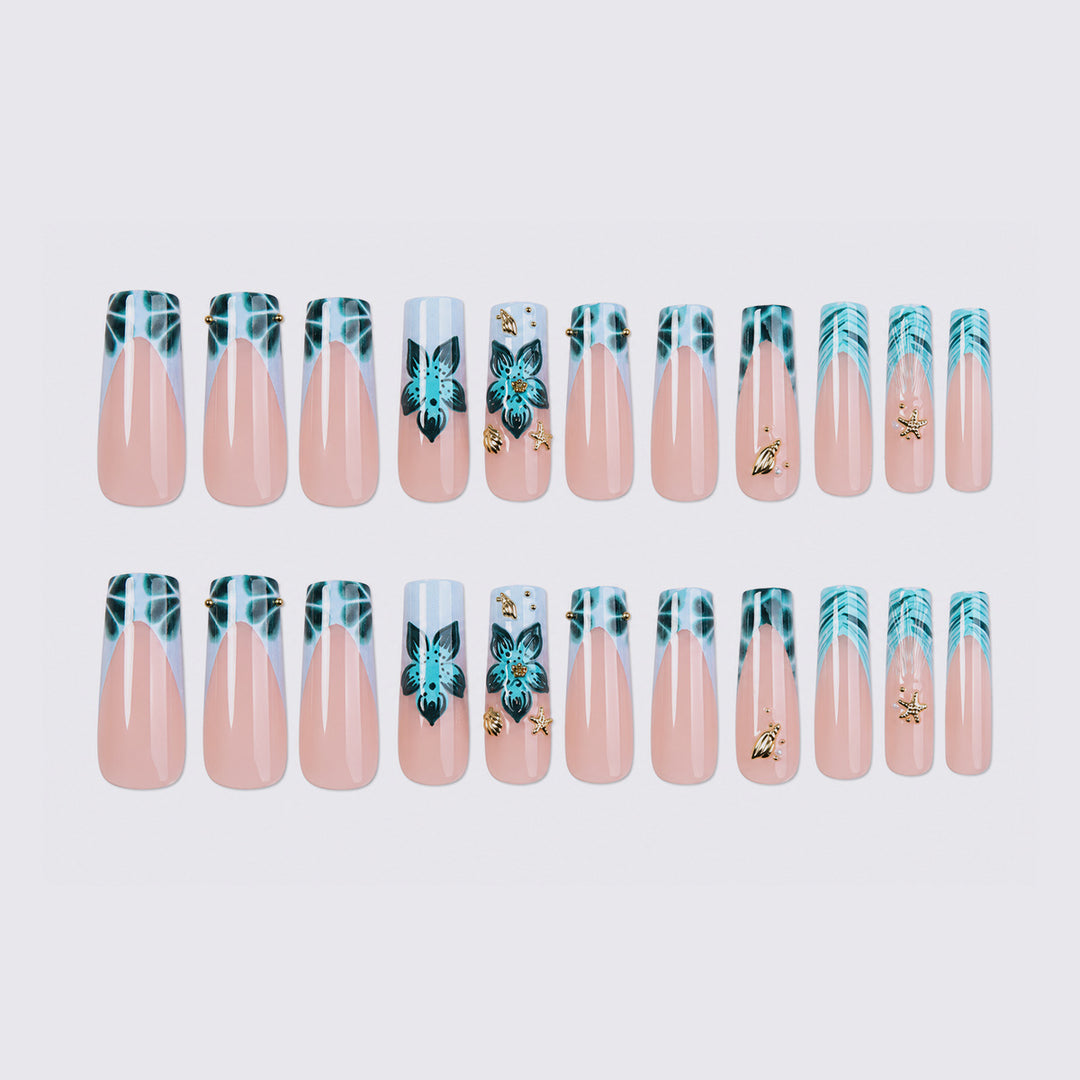 Artistic Acrylic Press-On Nail Set with Floral and Gold Elements kalsten