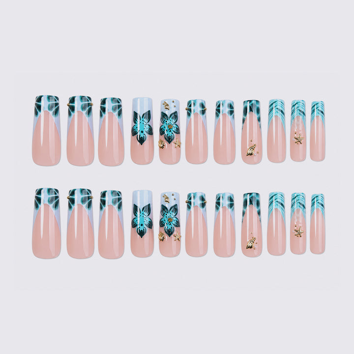 Artistic Acrylic Press-On Nail Set with Floral and Gold Elements kalsten