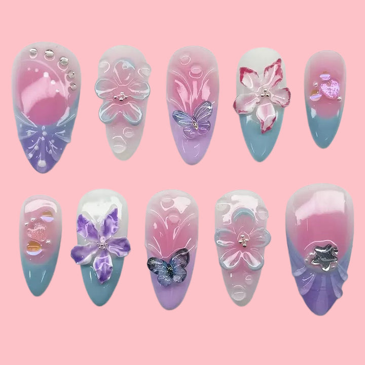 Artful Nail Art with Floral Details and Butterflies Kalsten