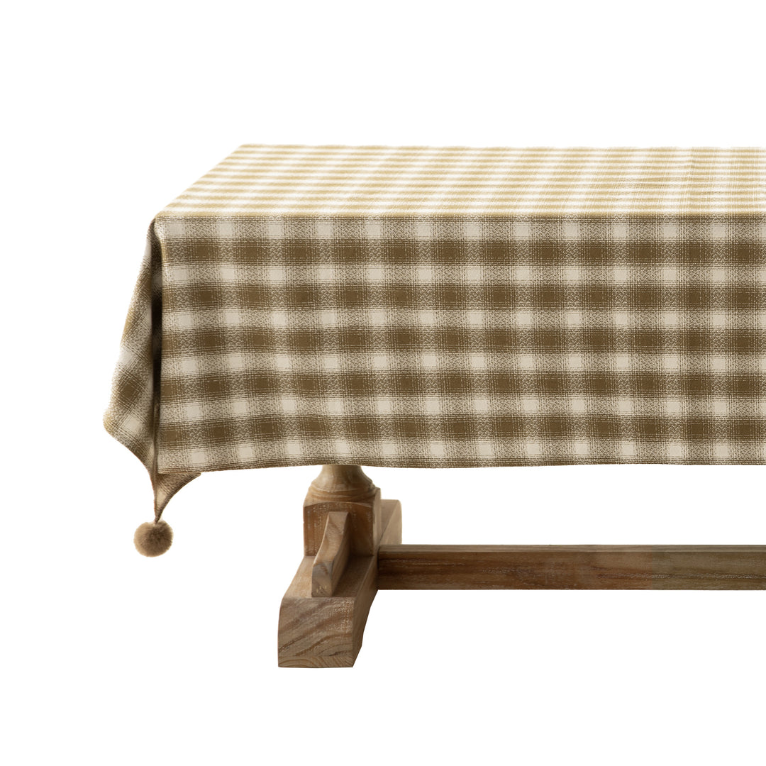 Square tablecloth made of cotton blend fabric with checkered weave pattern and pom-pom corners Kalsten