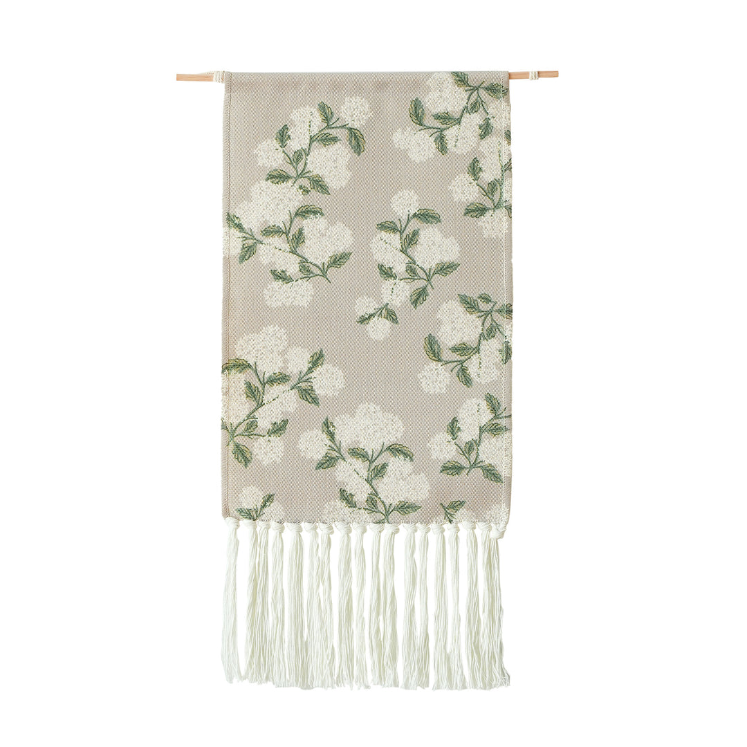 Woven wall hanging with floral jacquard structure and long fringes Kalsten