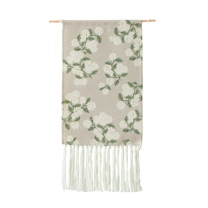 Woven wall hanging with floral jacquard structure and long fringes Kalsten