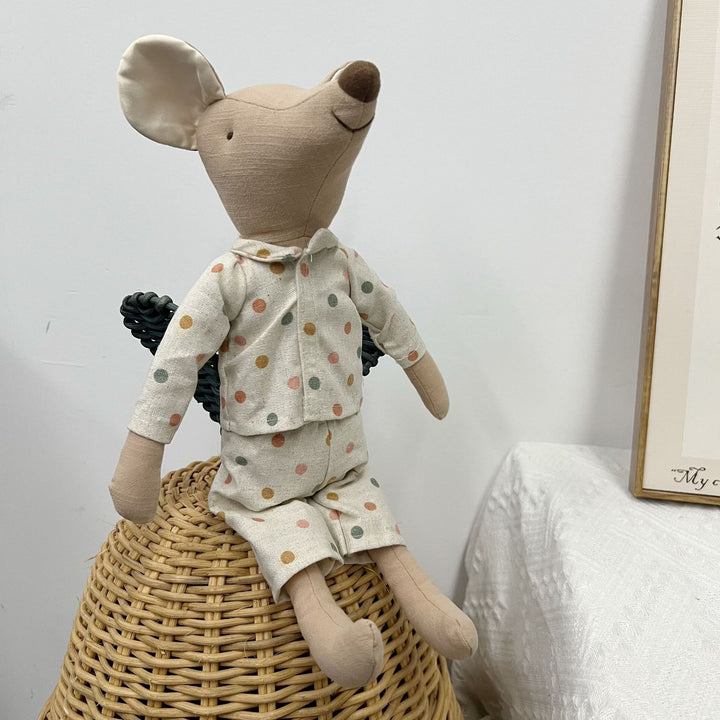 Handcrafted Organic Cotton Polka Dot Mouse Doll with Dress and Wicker Basket