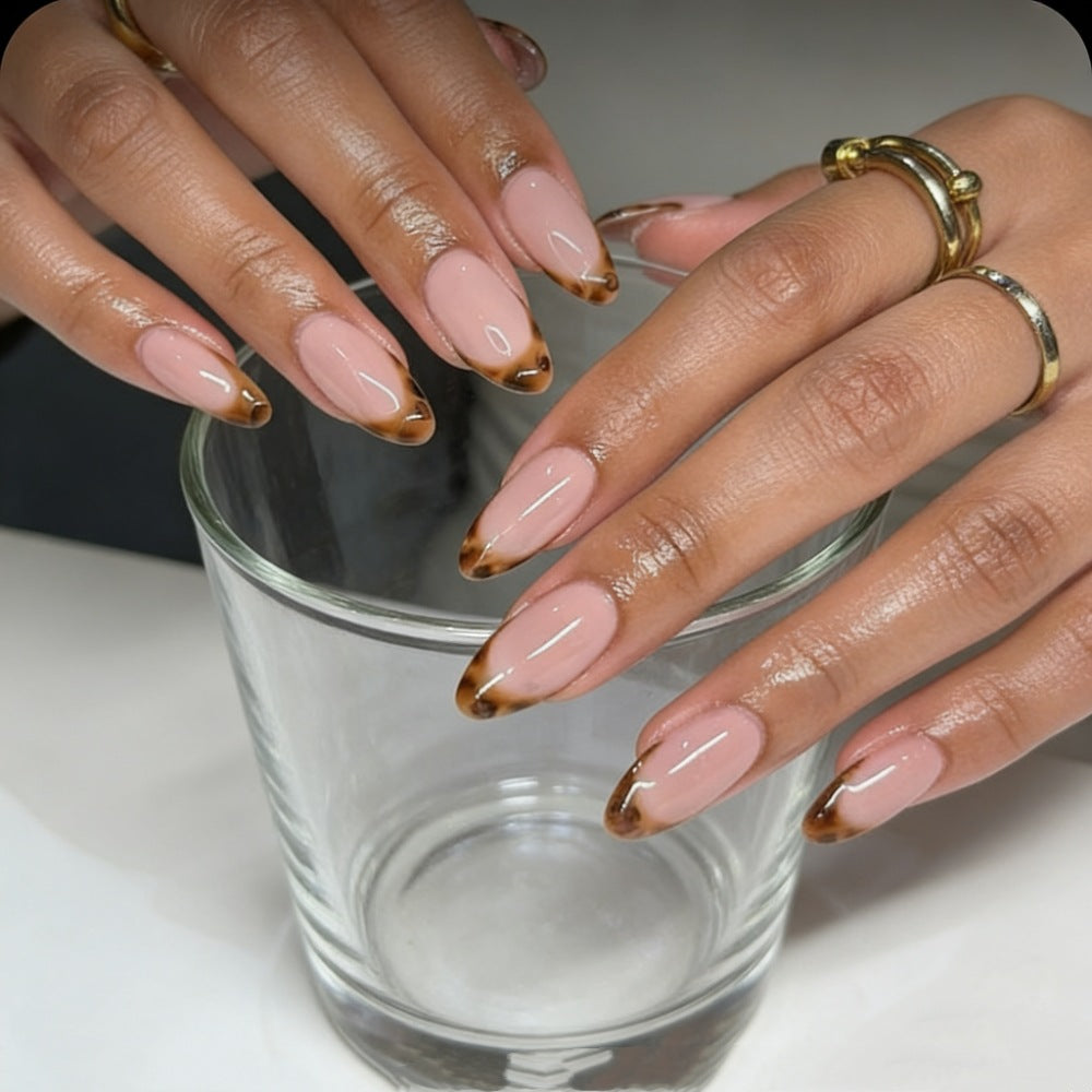 Almond-Shaped Press-On Nails with Elegant Brown Tips Kalsten
