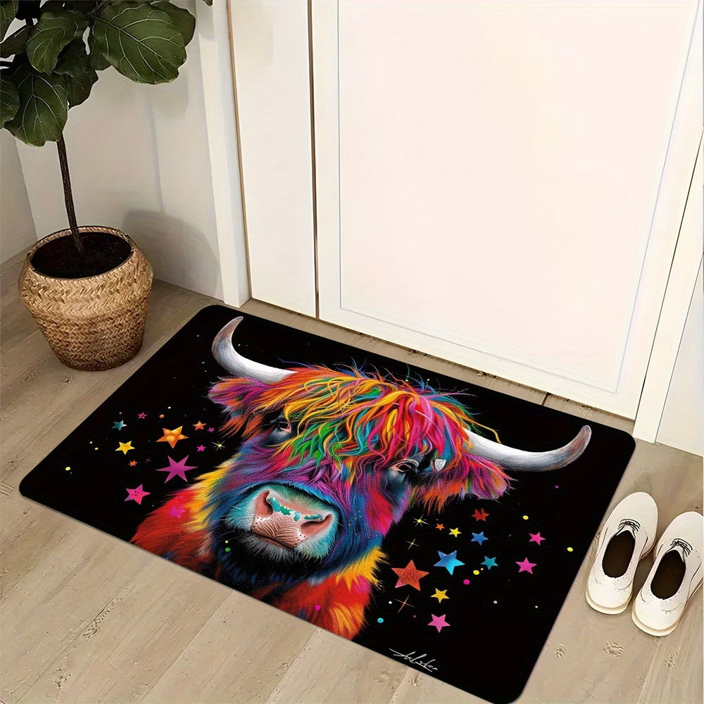 Colorful Highland Cow-Themed Area Mat