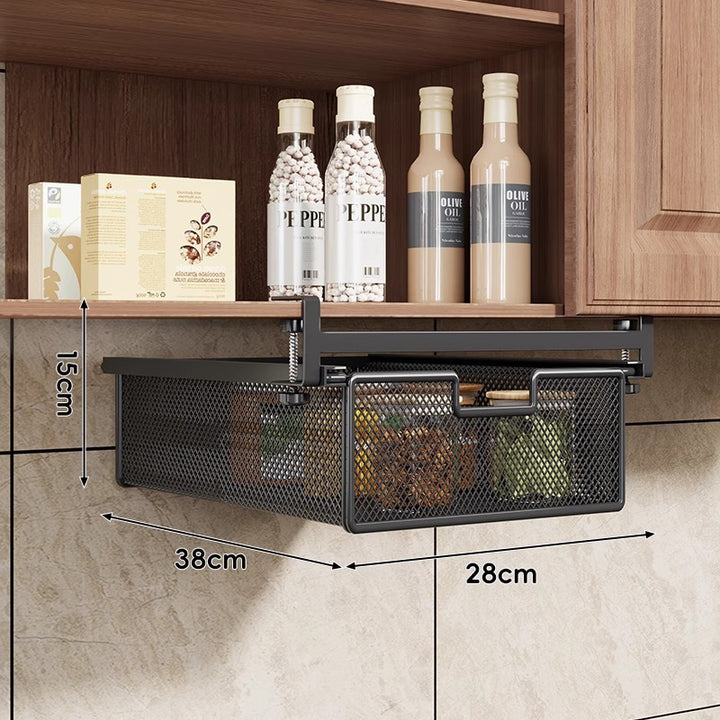 Under-Shelf Slide-Out Metal Mesh Pull-Out Storage Drawer with Adjustable Clamp