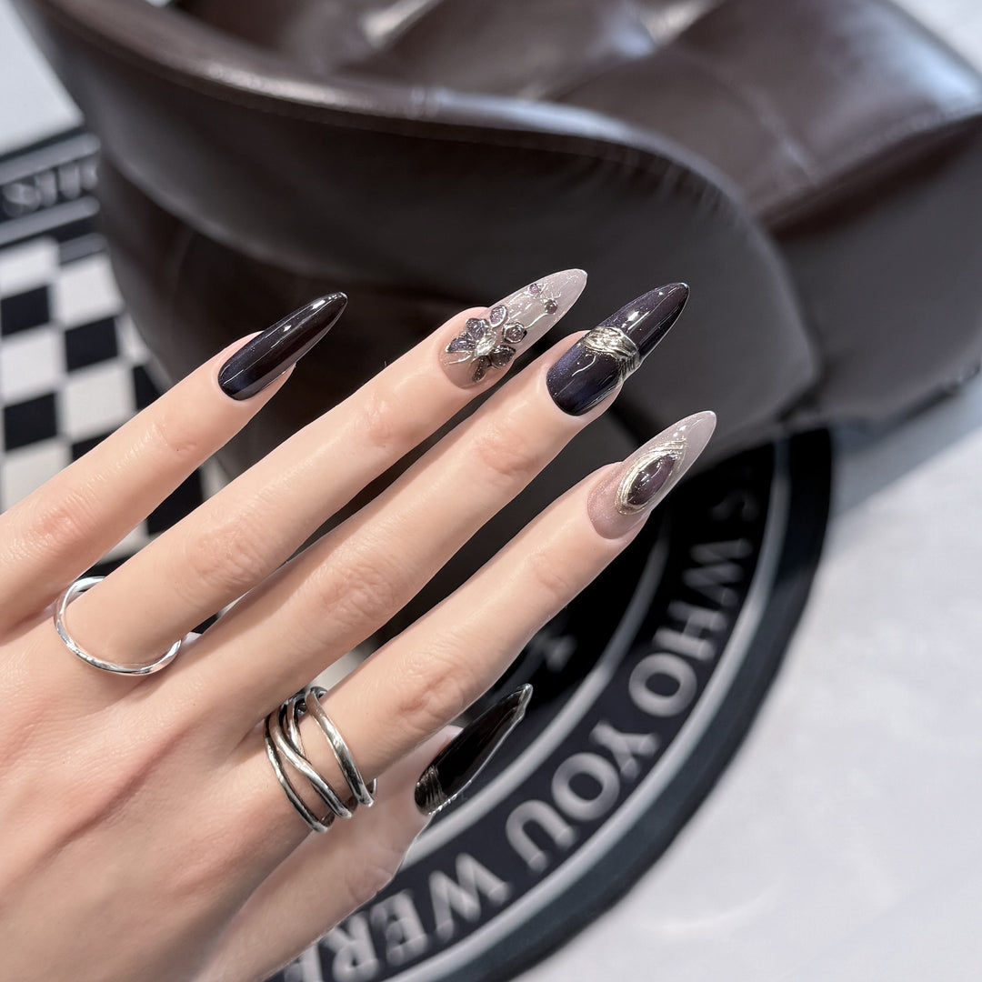 Elegant Stiletto Press-On Nail Art Set with Gemstone Accents Kalsten