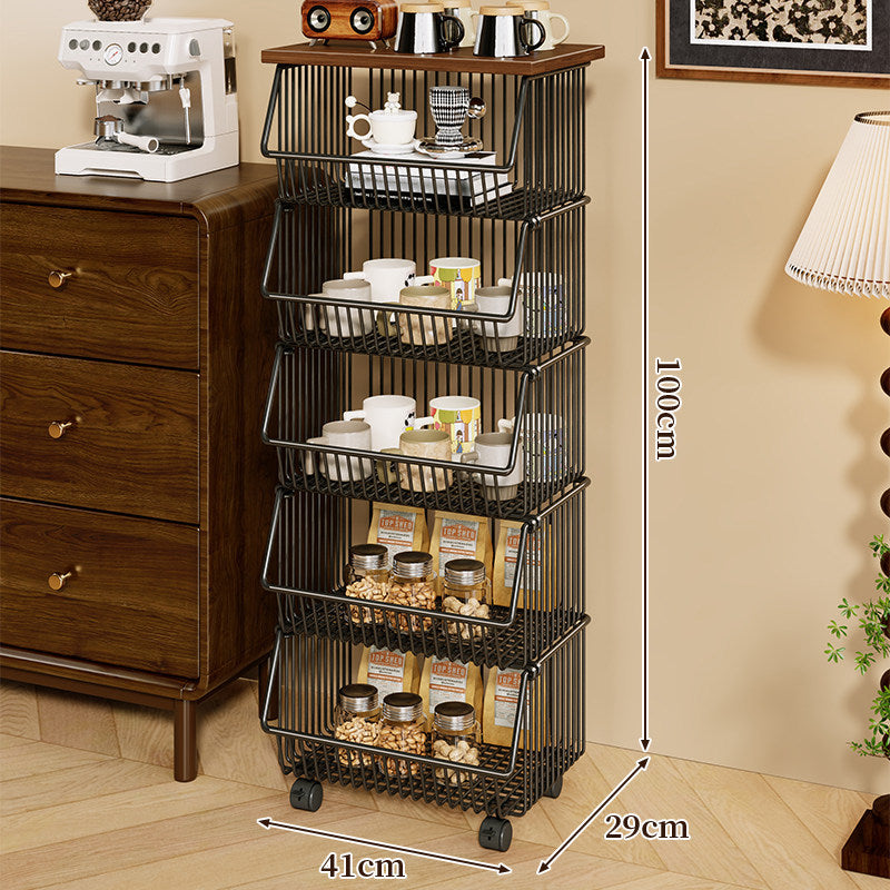 Mobile Four-Tier Kitchen Pantry Organizer Cart with Wood Top and Rolling Wire Baskets