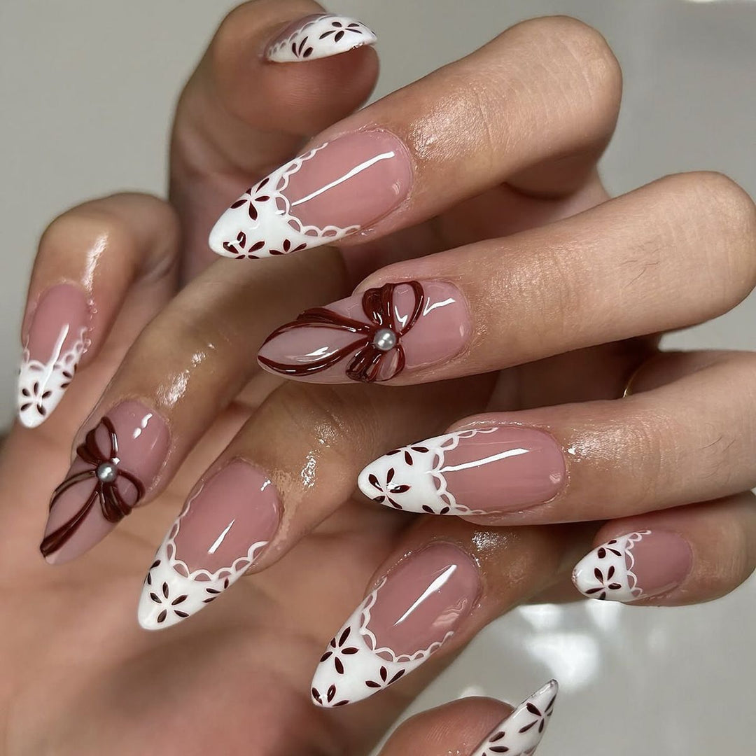 Decorative Press-On Nail Art Set with Floral and Bow Designs kalsten