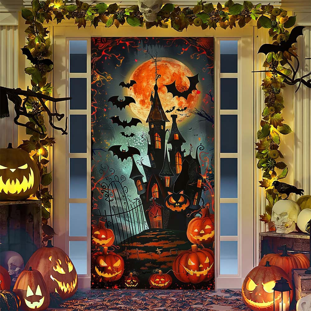 Halloween door poster with large-format Grim Reaper illustration and reusable PVC tarp fabric