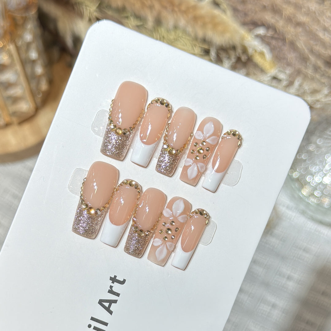 Luxurious Glittery Press-On Nail Art Set with Decorative Floral Accents Kalsten