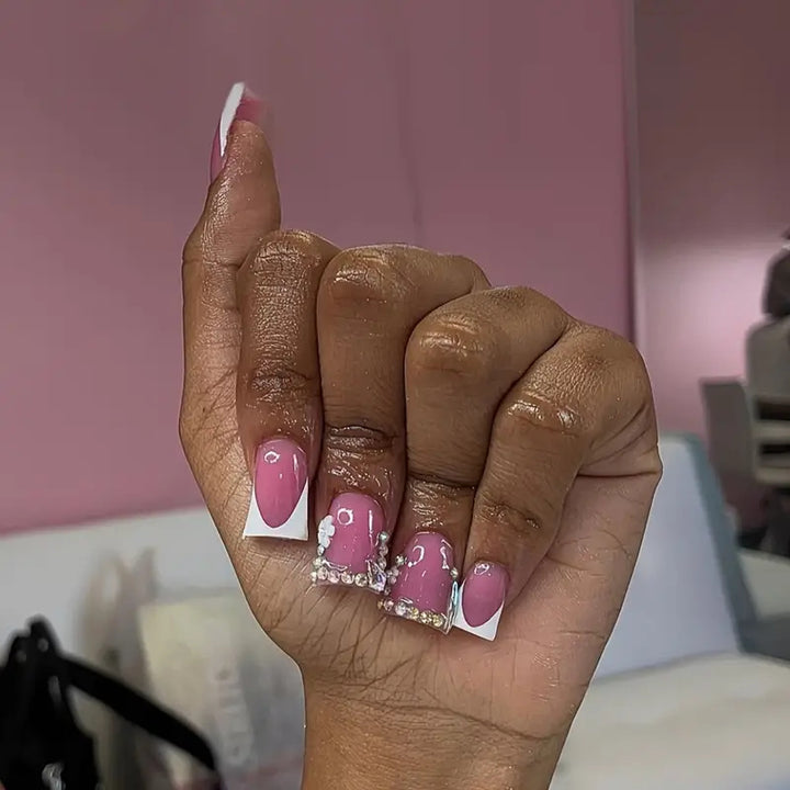 Elegant French Tip Press-On Nail Art with Rhinestone Accents Kalsten