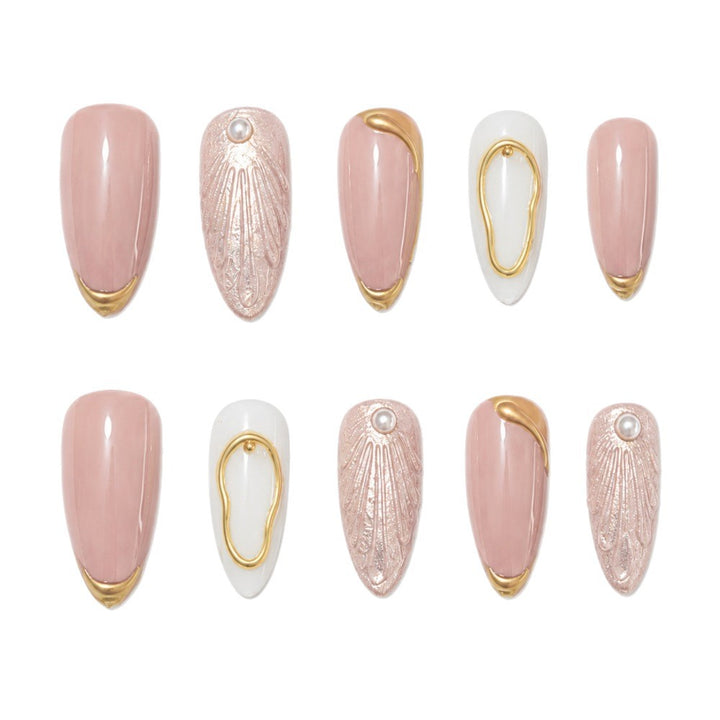 Artistic Press-On Nail Design with Gold Embellishments Kalsten
