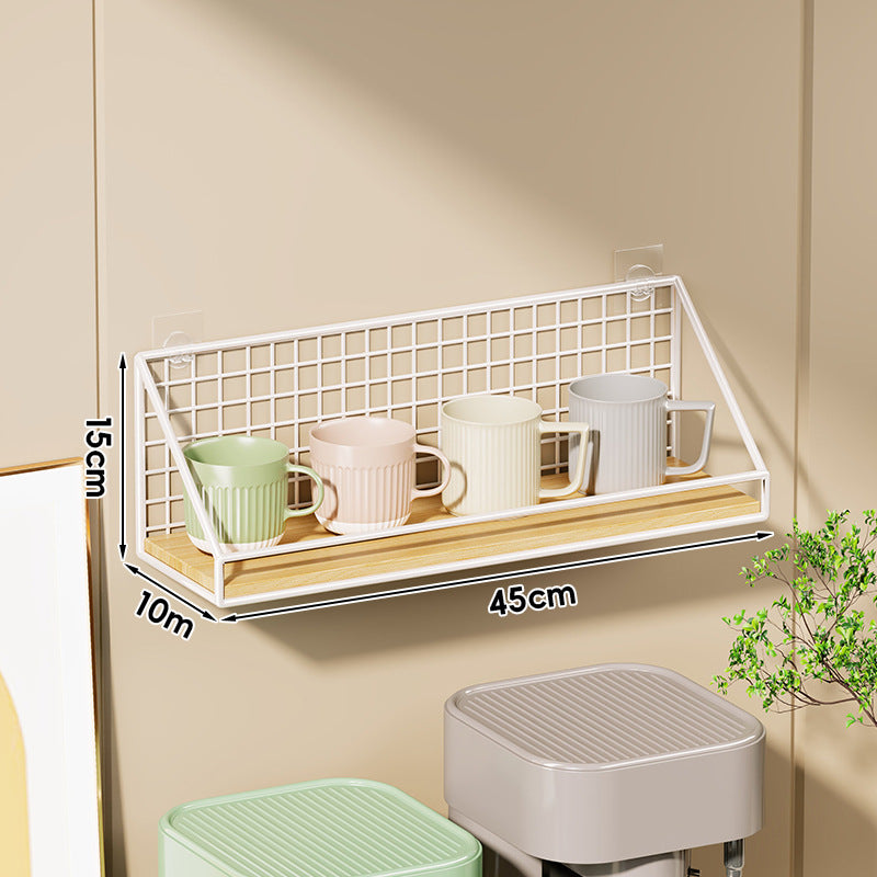 Ventilated Grid Wall Shelf with Wood-Look Tray and Clear Suction Mounts