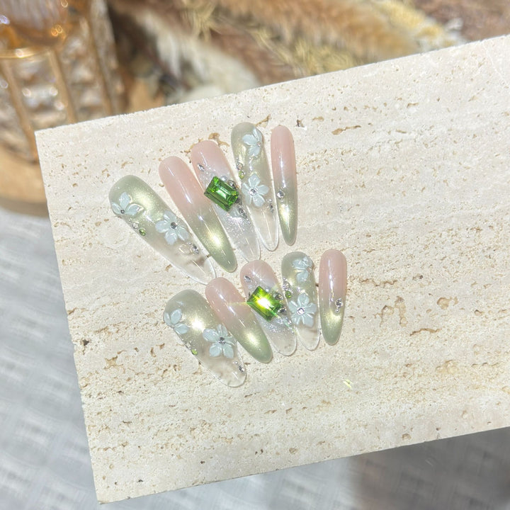 Floral Gemstone Stiletto Nail Set Kalsten