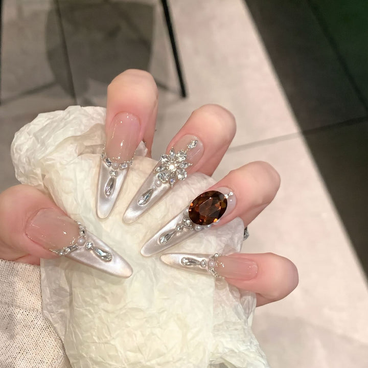 Glamorous Stiletto Press-On Nail Art Set with Elegant Gemstone Embellishments Kalsten