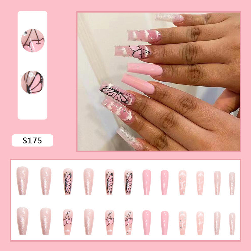 Artificial nail set with romantic butterfly designs and glitter accents Kalsten