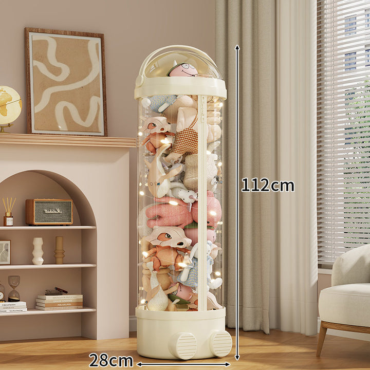 Tall Cylindrical Toy and Plush Storage Organizer with Clear Zip Cover and Rolling Vent Base