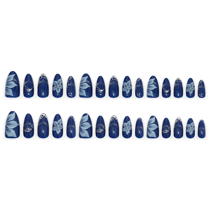 Acrylic Nail Set with Elegant Blue Ombre and Floral Design Kalsten