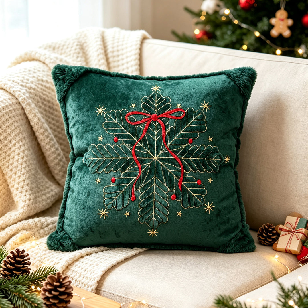 Luxury Embroidered Velvet Holiday Throw Pillow with Faux-Fur Fringe