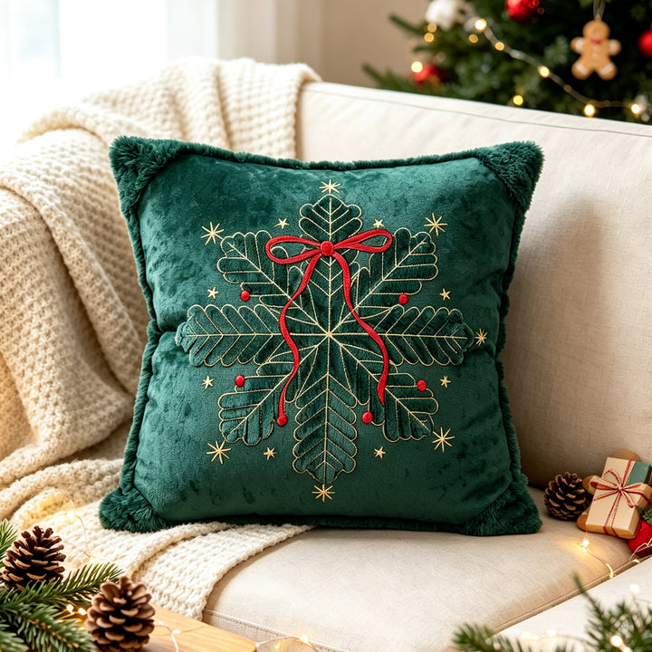 Luxury Embroidered Velvet Holiday Throw Pillow with Faux-Fur Fringe