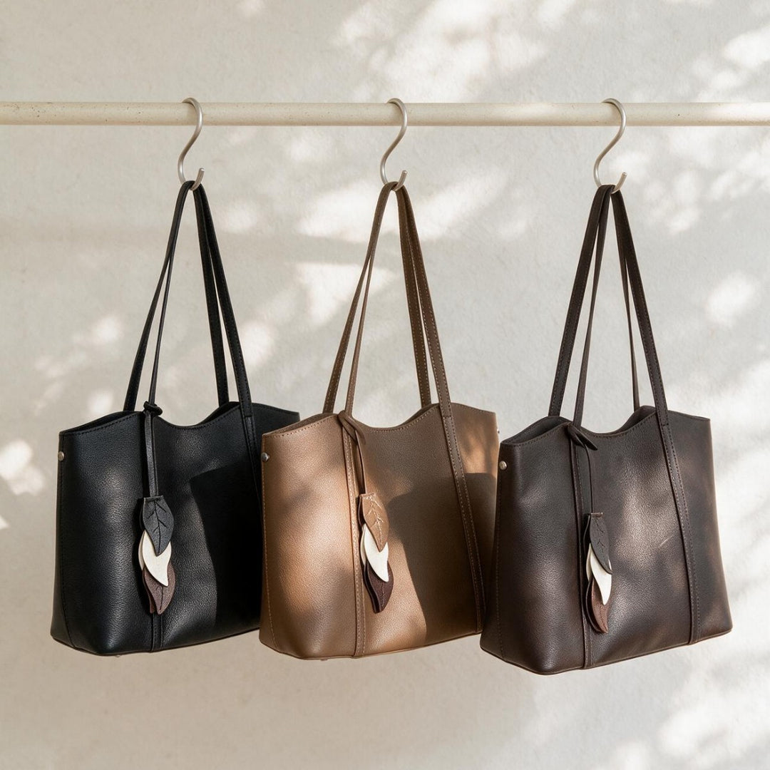 Pebbled Vegan Leather Structured Tote with Leaf Charm & Long Shoulder Straps