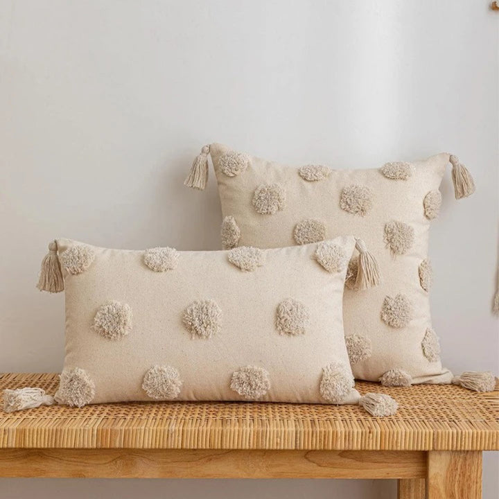 Square cotton-linen cushion cover with 3D pompom tufting and corner tassels Kalsten