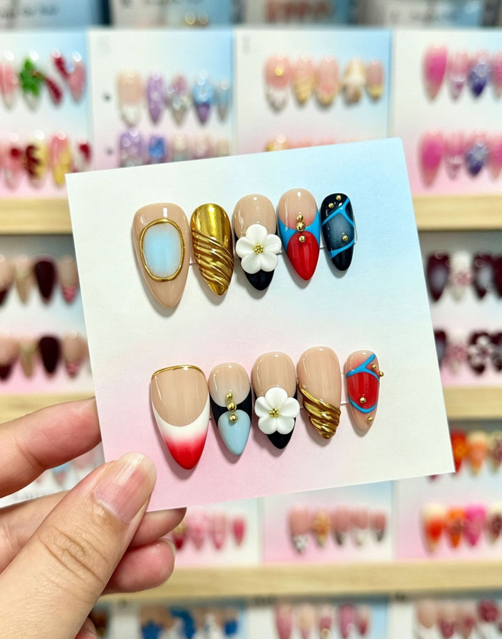 3D Floral Decorative Press-On Nails with Gem Accents