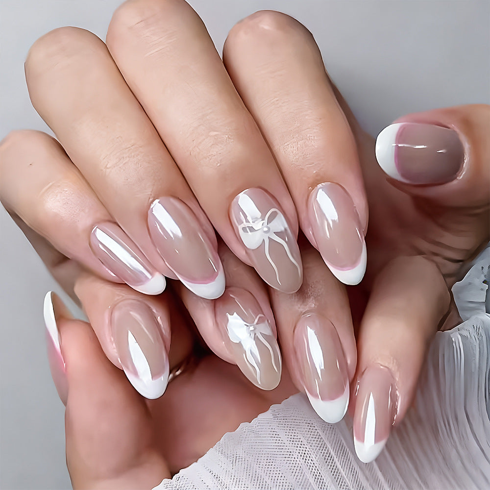 Elegant French Tip Press-On Nails with Bow Accents Kalsten