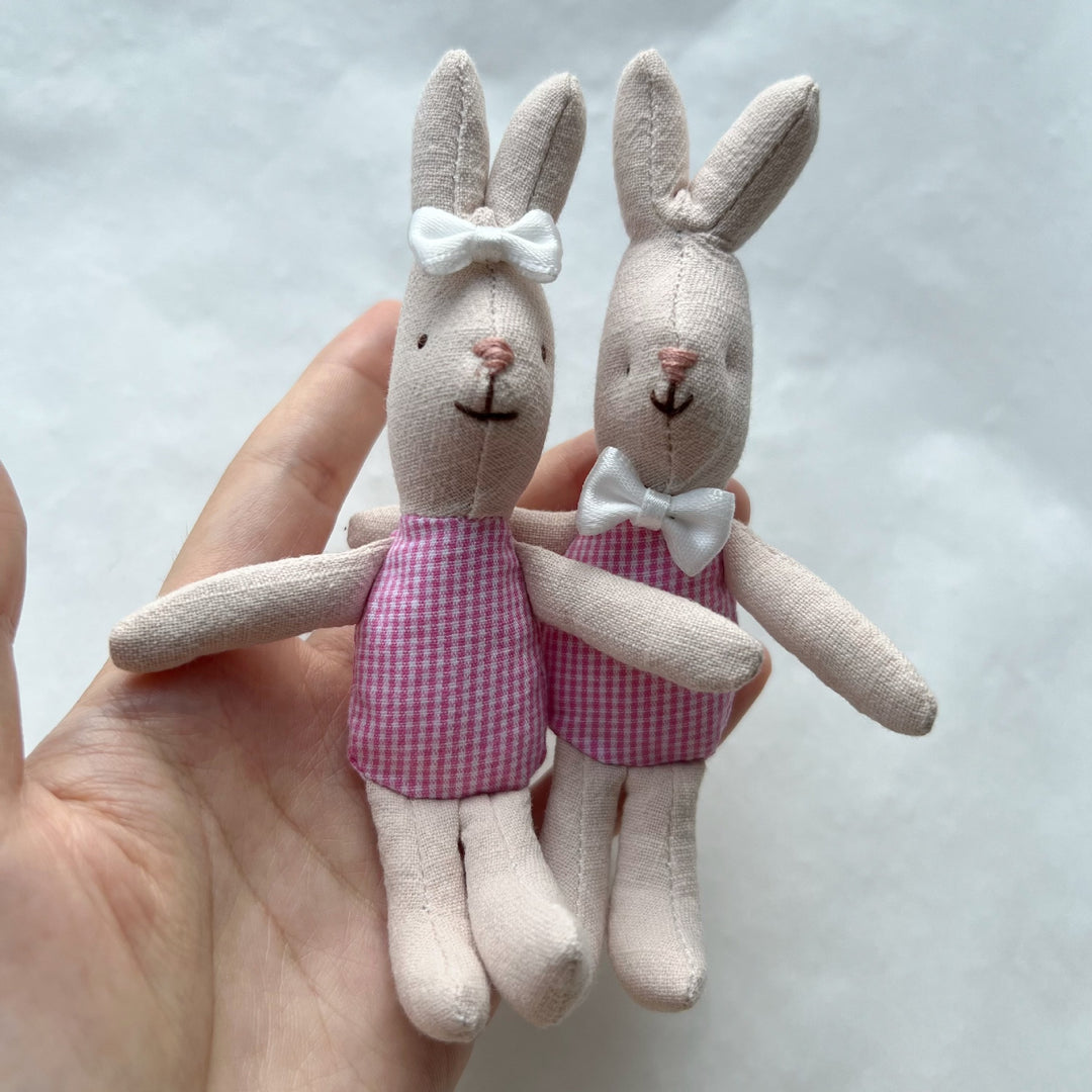 Miniature Linen Rabbit Comforter Plush with Gingham Pocket Dress and Ribbon Bow