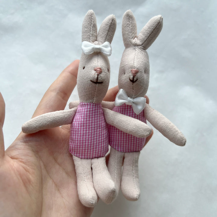 Miniature Linen Rabbit Comforter Plush with Gingham Pocket Dress and Ribbon Bow