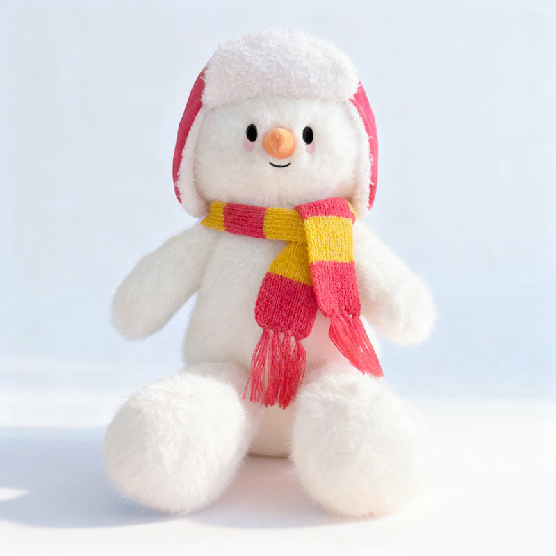 Plush Snowman Sitting Cuddle Toy with Knitted Stripe Scarf & Faux-Fur Aviator Hat Kalsten
