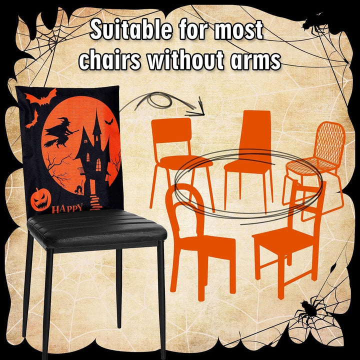 festive Halloween chair covers made of stretchable polyester with witch hat and lettering design