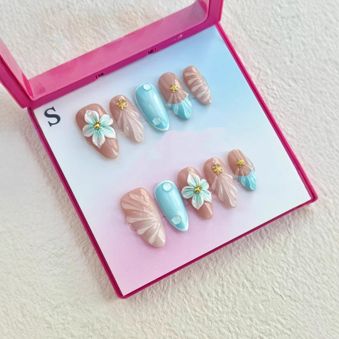 Artistic Press-On Nail Set with Floral and Gem Accents  1791774122
