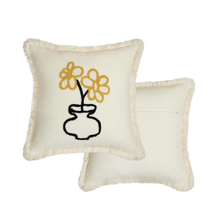 Woven decorative pillow cover with embroidered café motif and decorative fringe edge Kalsten