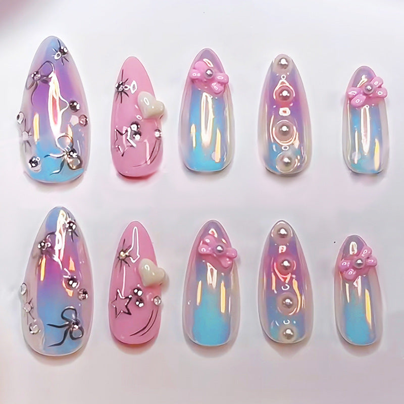 Decorative Press-On Nail Set with Elegant Bow and Gem Accents kalsten