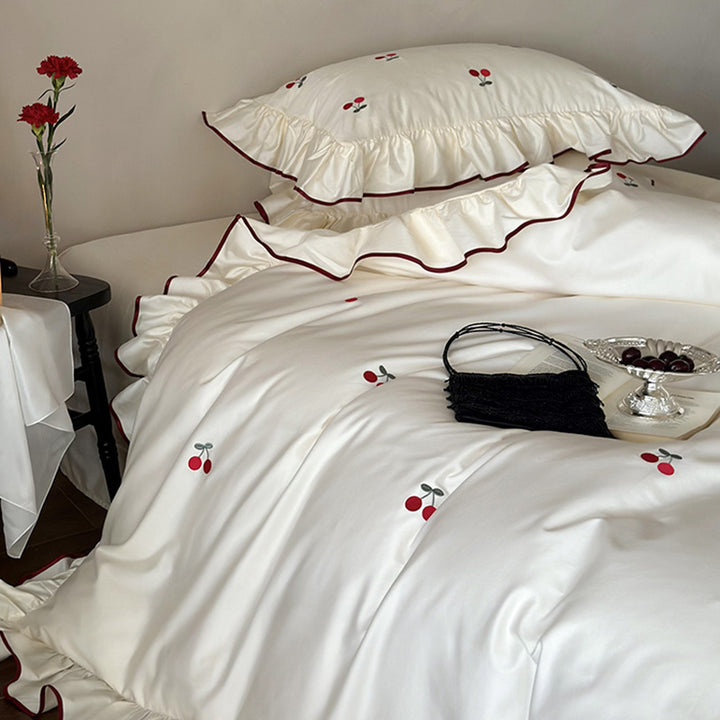 Luxury bedding set made of cotton satin with ruffles and cherry embroidery