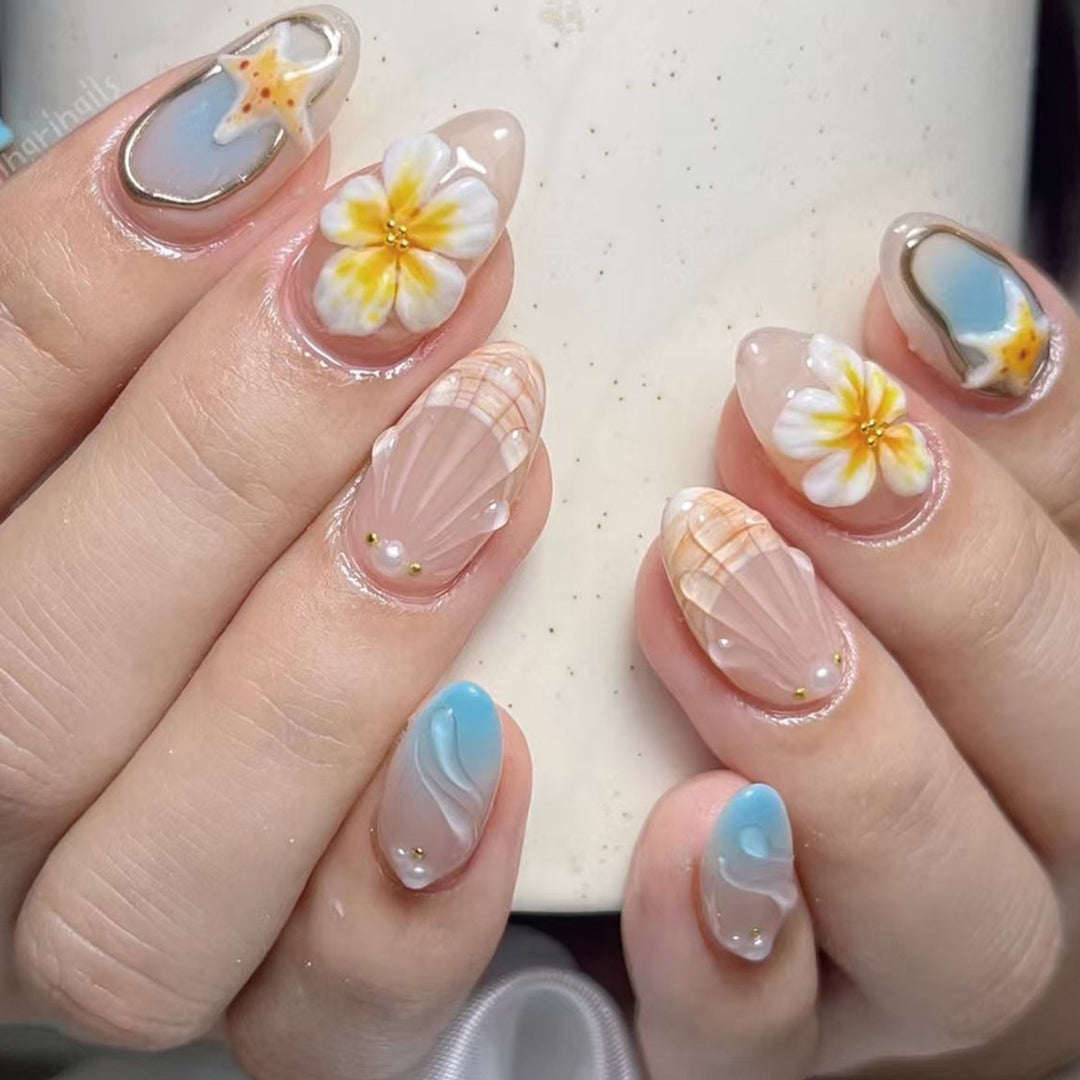 Artistic Nail Design Set with Floral and Seaside Accents Kalsten