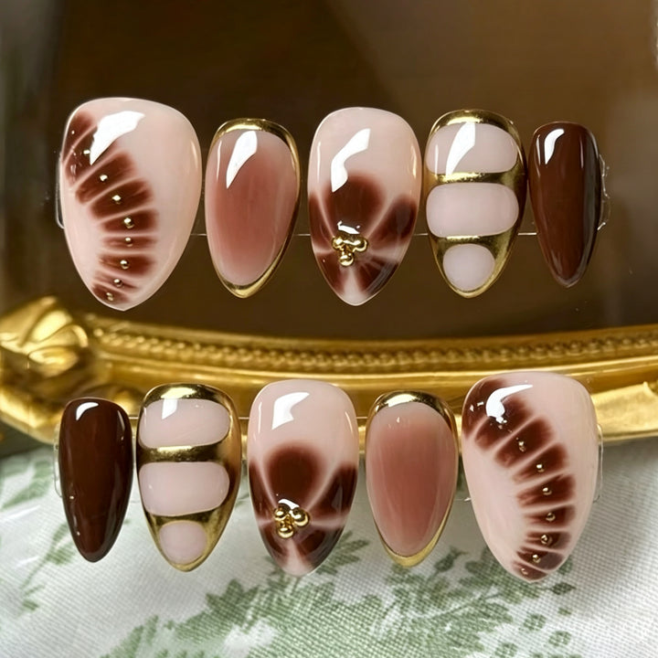 Decorative Press-On Nail Art Set with Gold Foil Accents
