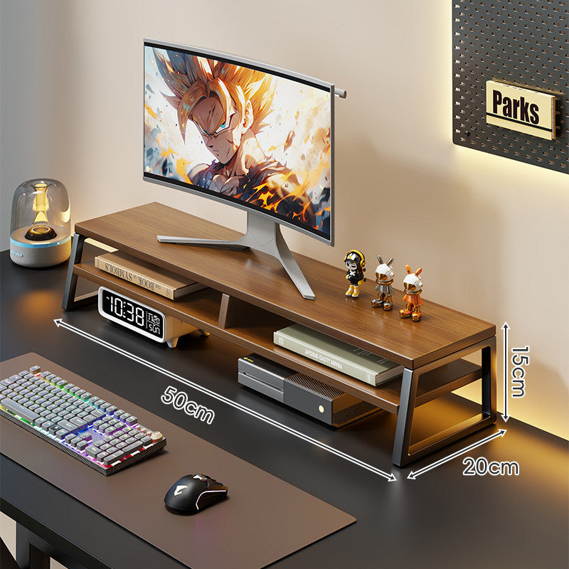 Curved Wood-Top Monitor Riser with Metal Frame and Under-Shelf Organizer