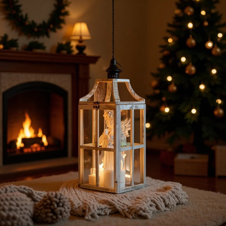 Rustic Windowpane Glass and Wood Candle Lantern with Hinged Door Kalsten