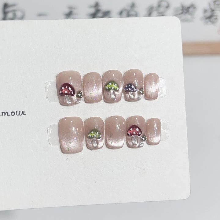 Artistic Press-On Nail Set with Playful Mushroom Designs Kalsten