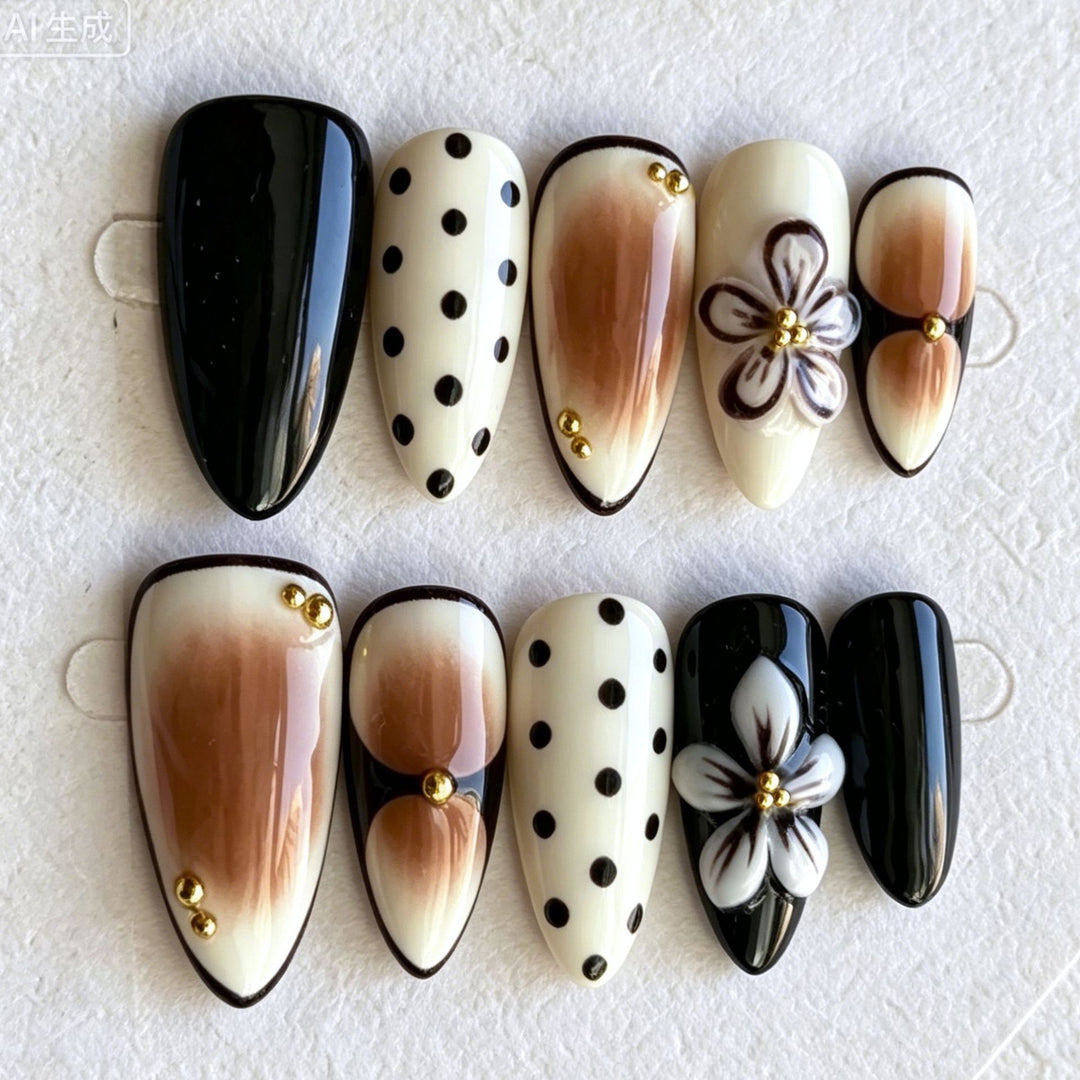Artistic Press-On Nail Set with Floral and Polka Dot Designs